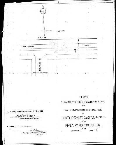 Plan, Plan showing proposed location of curve into Phila. Rapid Transit Co's. Property on Huntingdon St. e[ast] of Sydenham St. for the Phila. Rapid Transit Company, Lessee [Approved by Board of Surveyors July 20, 1903] 