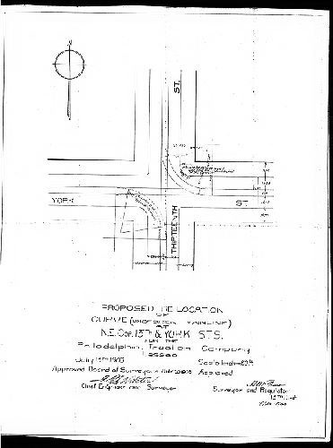 Plan, Proposed re-location of curve (unbroken mainline) at N.E. Cor. 13th and York Sts. for the Phila. Traction Company, Lessee [Approved by Board of Surveyors July 20, 1903]