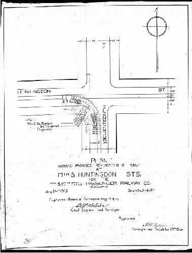 Plan, Plan showing proposed re-location of curve at 17th & Huntingdon Sts. for the 17th & 19th Sts. Passenger Railway Co., Philadelphia [Approved by Board of Surveyors Aug. 16, 1903]