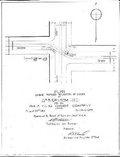 Plan, Plan showing proposed re-location of curves at 8th & Sansom Sts. for the Phila. Rapid Transit Company, Lessee [Approved by Board of Surveyors Sept. 14, 1903] 