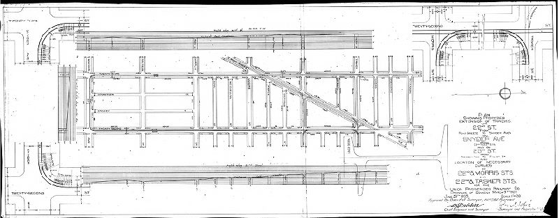 Plan, Plan showing proposed extension of tracks on 22nd St. … Snyder Ave. … and on 23rd St. … also location of necessary curves … for the Union Passenger Railway Co. 