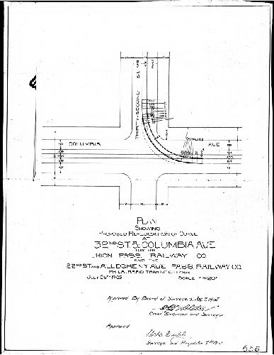 Plan, Plan showing proposed re-location of curve at 32nd St. & Columbia Ave. for the 22nd St. and Allegheny Ave. Pass. Railway Co. [Approved by Board of Surveyors Aug. 7, 1905]