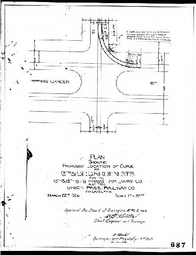 Plan, Plan showing proposed location of curve at 13th & Sp. Garden [Spring Garden] Sts. for the 13th & 15th Sts. Pass. Railway Co. and the Union Pass. Railway Co., Philadelphia [Approved by Board of Surveyors April 2, 1906]