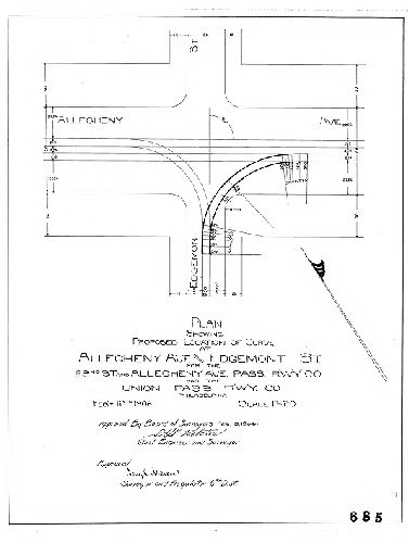 Plan, Plan showing proposed location of curve at Allegheny Ave. and Edgemont St. for the 22nd St. and Allegheny Ave. Pass. Rwy. Co. and the Union Pass. Railway Co., Philadelphia [Approved by Board of Surveyors Feb. 18,1906]