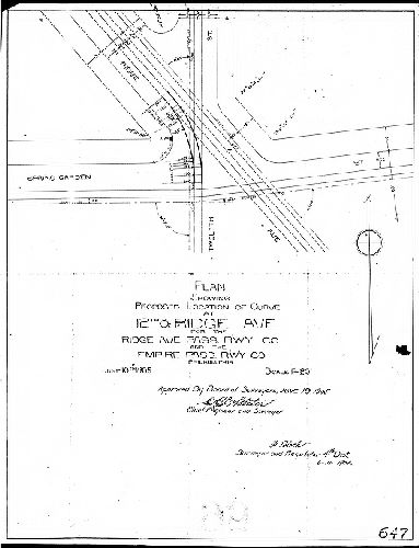 Plan, Plan showing proposed location of curve at 12th & Ridge Ave. for the Ridge Ave. Pass. R'w'y. Co. and the Empire Pass. R'w'y. Co. [Approved by Board of Surveyors June 19, 1905]