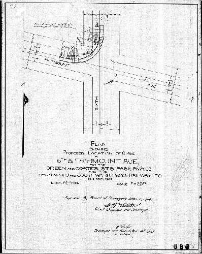 Plan, Plan showing proposed location of curve at 6th & Fairmount Ave. for the Green and Coates Sts. Pass. R'w'y. Co. and the Frankford and Southwark Pass. Railway Co. [Approved by Board of Surveyors April 2, 1906]
