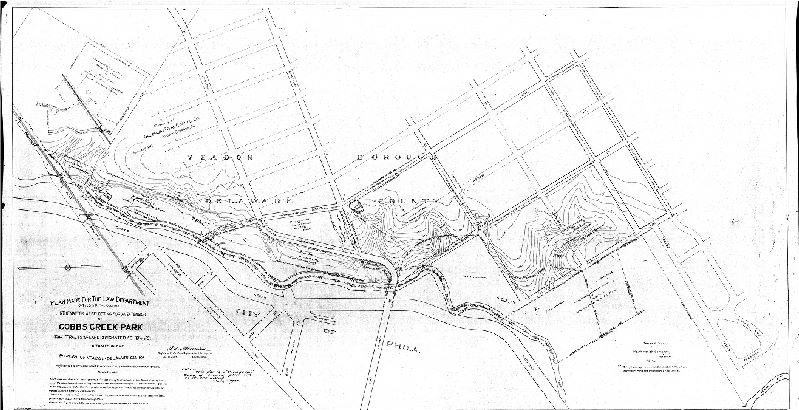 Plan, Plan made for the Law Department of the City of Philadelphia in the matter of selecting for an extension of Cobbs Creek Park two tracts of land designated as "B" and "C" situated in the Borough of Yeadon, Delaware Co. PA. [Ordinance March 18, 1925; survey returned May 21, 1925]
