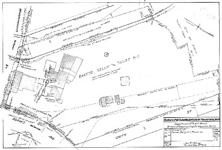 Plan, Surveys for the channelization of Frankford Creek. Department of Public Works, Bureau of Engineering, Surveys and Zoning. Property of Baxter, Kelly and Faust Inc. Wards 23rd, 33rd [Philadelphia]