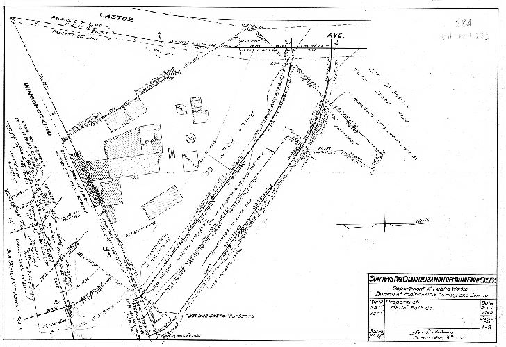 Plan, Surveys for the channelization of Frankford Creek. Department of Public Works, Bureau of Engineering, Surveys and Zoning. Property of Philadelphia Felt Co. Wards 23rd, 33rd [Philadelphia]