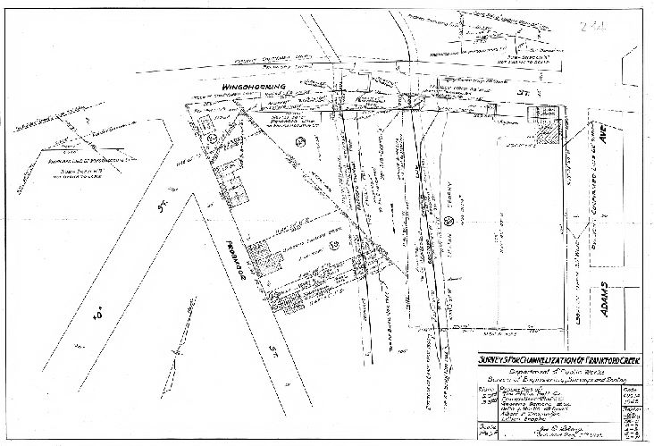 Plan, Surveys for the channelization of Frankford Creek. Department of Public Works, Bureau of Engineering, Surveys and Zoning. Properties of The Phila Felt Co., Fiorentino Viola, Gaetano Damore et. ux., Bella J. Martin w/f David. Albert F. Zimmerman, Lillian Brophy. Wards 23rd, 33rd [Philadelphia]
