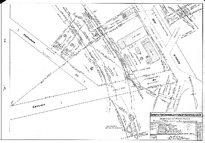 Plan, Surveys for the channelization of Frankford Creek. Department of Public Works, Bureau of Engineering, Surveys and Zoning. Properties of Charles A. Shetzline, Giovanni Felice, Winifred Sellers, Phila. Spinning Mills, Carmine Decristafaro, Emma E. Quigley et al heirs of Sarah Smith. Wards 23rd, 33rd [Philadelphia]