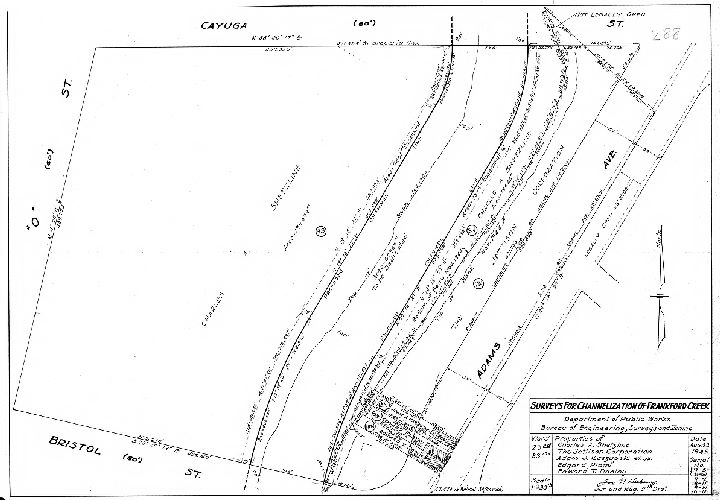 Plan, Surveys for the channelization of Frankford Creek. Department of Public Works, Bureau of Engineering, Surveys and Zoning. Properties of Charles A. Shetzline, Jettison Corporation, Adam J. Kaszupski et ux, Edgard Platel, Edward T. Dooley. Wards 23rd, 33rd [Philadelphia]