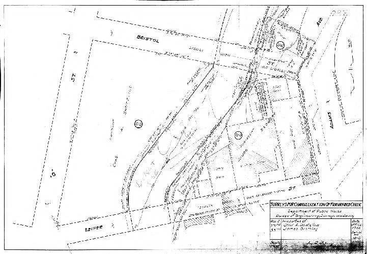Plan, Surveys for the channelization of Frankford Creek. Department of Public Works, Bureau of Engineering, Surveys and Zoning. Properties of Charles A. Shetzline, James Bromley. Wards 23rd, 33rd [Philadelphia]