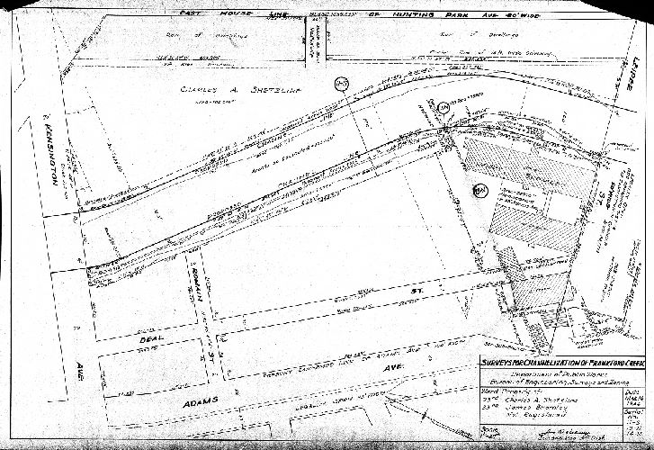 Plan, Surveys for the channelization of Frankford Creek. Department of Public Works, Bureau of Engineering, Surveys and Zoning. Properties of Charles A. Shetzline, James Bromley, Not registered. Wards 23rd, 33rd [Philadelphia]