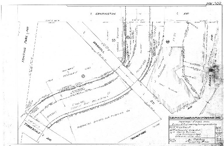 Plan, Surveys for the channelization of Frankford Creek. Department of Public Works, Bureau of Engineering, Surveys and Zoning. Properties of J. Alexander Kline et ux, Morris Richman, New Dreamland Corp. Wards 23rd, 45th [Philadelphia]