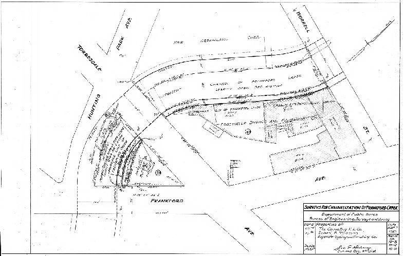Plan, Surveys for the channelization of Frankford Creek. Department of Public Works, Bureau of Engineering, Surveys and Zoning. Properties of the Connecting Railroad Co., Robert B. Tinsman, Edgewater Dyeing and Finishing Co. Wards 23rd, 45th [Philadelphia]