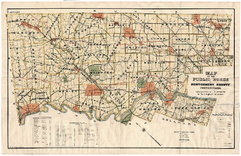 Plan, Map of the public roads in Montgomery County Pennsylvania enlarged from actual surveys by the State Highway Department. 