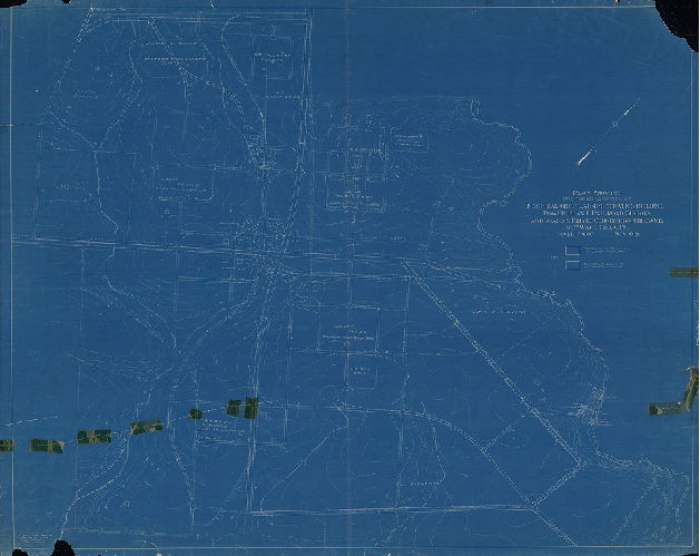 Plan, Plan showing proposed location of hospital group, administration building, power plant, railroad siding, and roads & drives connecting the same. 35th Ward, Phila. PA. November 1912. [Plan labeled on back, "Byberry Farms", showing buildings of Philadelphia State Hospital at Byberry, a psychiatric institution that closed in 1990 and was mostly demolished in 2006]