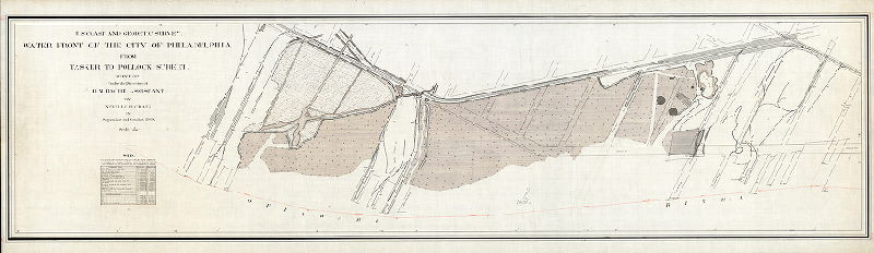 Plan (alternate image), U.S. Coast and Geodetic Survey. Water Front of the City of Philadelphia from Tasker to Pollock Street. Surveyed under the direction of R. M. Bache, Assistant, by Neville B. Craig, in September and October, 1889. Scale 1:1200