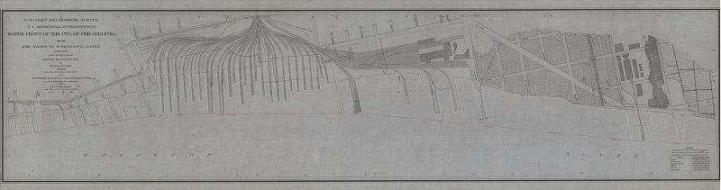 Plan, U.S. Coast and Geodetic Survey. T. C. Mendenhall, Superintendent. Water Front of the City of Philadelphia from Erie Avenue to Susquehanna Avenue. Surveyed under the direction of R. M. Bache, Assistant, by Neville B. Craig. Drawn under the direction of the City by A. E. Harvey, C. M. Broughton and J. H. Hutchinson in July, August and September 1890. Scale 1:1200