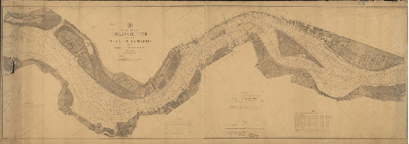 Plan, Chart of the Delaware River in front of the City of Philadelphia from Bridesburg to Fort Mifflin December 1879. Scale 1:9600 [800 feet to 1 inch]