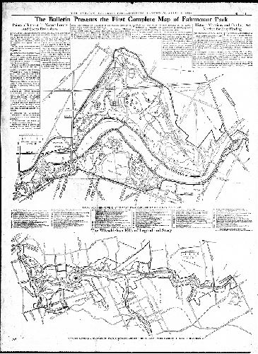 Plan, The Bulletin presents the first complete map of Fairmount Park. The Wisasahickon Hills of legend and story. [Two maps, with accompanying article and key to deatures, published by the Evening Bulletin, April 1, 1939. Negative print.]