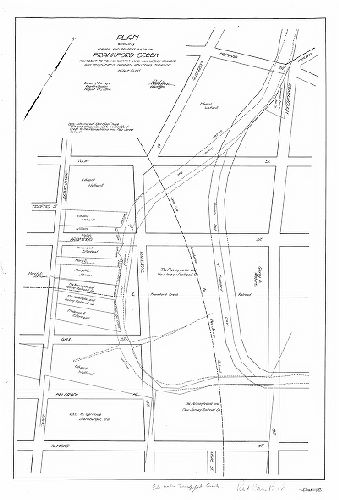 Plan, Plan showing former and present beds of Frankford Creek adjacent to Pennsylvania and New Jersey Railroad and registered owners abutting thereon. Bureau of Surveys, Registry Division, August 18, 1914. P-4-18.