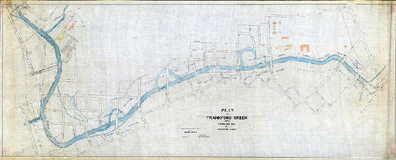 Plan (alternate image), Plan of Frankford Creek from Frankford Ave. to Delaware River. Compiled tracing from official plans on file in Bureau of Surveys, Dec. 28, 1892. Scale 1" = 100'