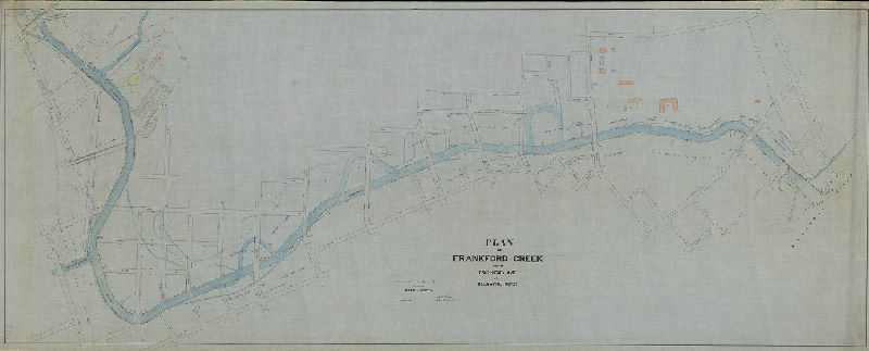 Plan, Plan of Frankford Creek from Frankford Ave. to Delaware River. Compiled tracing from official plans on file in Bureau of Surveys, Dec. 28, 1892. Scale 1" = 100'