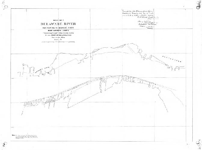 Plan, Sheet No. 2. Delaware River, Gloucester to Kaighn’s Point. Port Warden lines proposed by U.S. Advisory Commission for the Port of Philadelphia, November 1884. Transmitted to the Philadelphia Harbor Commission, December 13th, 1884, in accordance with its resolution of October 21st, 1884