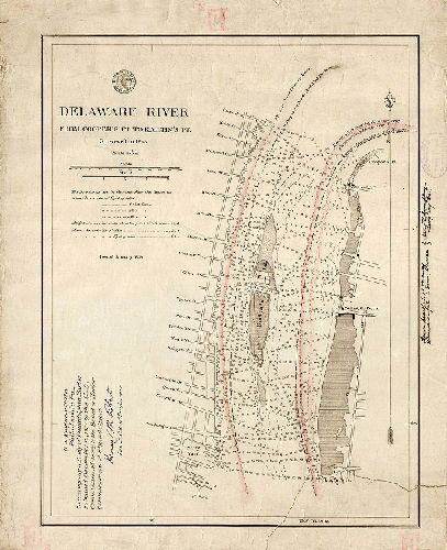 Plan,  United States Coast Survey. Delaware River from Cooper's Pt. to Kaighn's Pt. surveyed in 1843. Issued January 1878. To accompany a study of Philadelphia Harbor submitted December 14, 1887 to the U.S. Commission Advisory to the Board of Harbor Commissioners of Philadelphia. Henry N. Robert, Lieut. Col. of Engineers