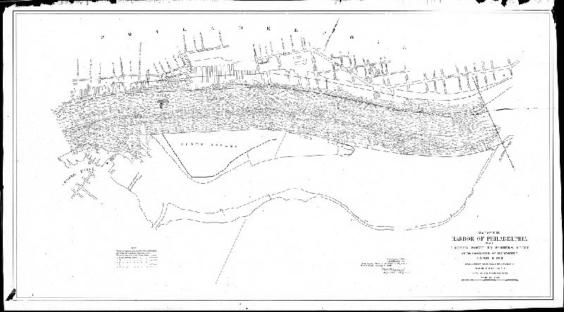 Plan, Map of the Harbor of Philadelphia from Cooper Point to Fishers Point after completion of improvement, January 10, 1898, from a survey made under the direction of Major C. W. Raymond, Corps of Engineers, U. S. Army. [1 blueprint, badly torn but repaired]