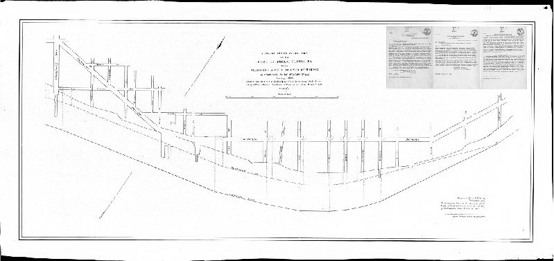 Plan, Pierhead and bulkhead lines for the Port of Philadelphia from Allegheny Avenue to head of harbor as established by the Secretary of War, January 5, 1894, showing that part of the Philadelphia water front along which the Secretary of War authorized the advance of piers on and after March 25, 1899. 