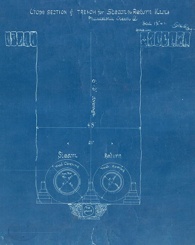 Plan, Cross section of trench for steam and return mains. Philadelphia Steam Co. E. R. Holly, Eng.
