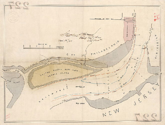 Plan, [No title. United States Navy Yard, League Island, and surrounding area in the Delaware River and in Philadelphia and New Jersey. Strickland Kneass. November 16, 1870]