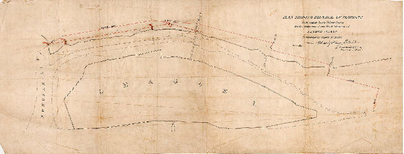 Plan, Plan showing boundary of property to be ceded to the United States on the north side of the Back Channel at League Island. To accompany report of Board. Signed Charles Henry Davis, Rear Admiral, U.S.N., President of Board. 