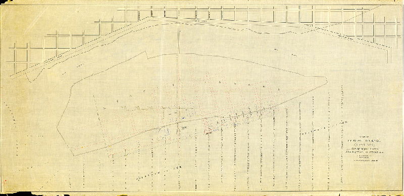Plan (alternate image), Plan of League Island (City Survey) showing proposed location of landing wharf, line of Broad St., &c. March 27, 1867. Scale 200 feet = 1 inch. Soundings reduced to low water. 