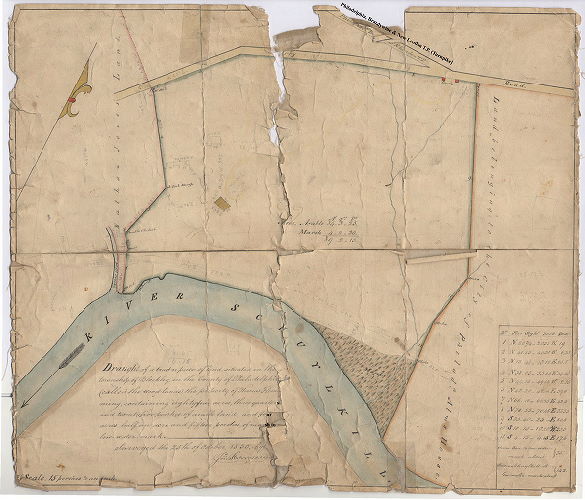 Plan, Draught of a tract or piece of land situated in the Township of Blockley in the County of Philadelphia (called the Wood-lands) the property of Thomas Flemming, containing eight-four acres, three quarters, and twenty-five perches of arable land; and four acres, half an acre, and fifteen perches of marsh to low-water mark. Surveyed the 25th of October, 1830, by Jno. Thomson.