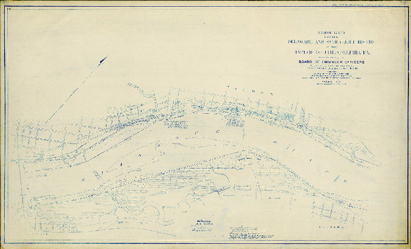 Plan (alternate image), Harbor lines for the Delaware and Schuylkill Rivers at the Harbor of Philadelphia, Pa. recommended by the Board of Engineer Officers constituted by S. O. 21, War Department, Office of the Chief Engineers, June 30, 1904. Compiled from surveys made in August and September 1901 under the direction of Lieut. Col. C. W. Raymond, Corps of Engineers, U.S. Army. Delaware River - Palmyra to Five Mile Point.