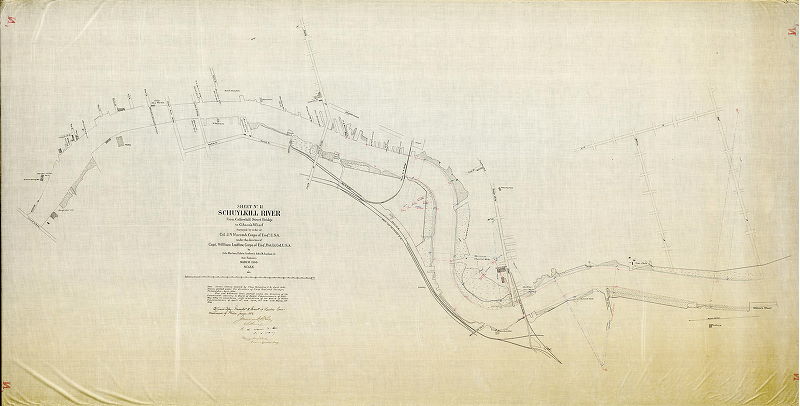 Plan (alternate image), Sheet No. II. Schuylkill River, from Callowhill Street Bridge to Gibson's Wharf. Surveyed by order of Colonel J. N. Macomb, Corps of Engrs., U.S.A under the direction of Captain Wm. Ludlow, Corps of Engrs., Bvt. Lt. Col U.S.A., by John Mechan, Edwin Ludlow & John R. Suydan Jr., Asst. Engrs.