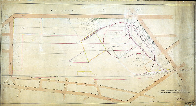 Plan (alternate image), [No title. Plan for passenger railroad station at Elm Avenue and Belmont Avenue. "Between Penna. R.R. and Elm Avenue from Belmont Av. to 52nd Street content is 106 A."]