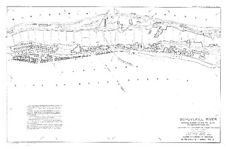 Plan, Schuylkill River. Wissahickon Creek, Phila., Pa. to Norristown, Pa. Surveyed by J. W. Thompson, Junior Engineer, Aug. to Dec. 1913. L. D. Shuman, Assistant Engineer. In 18 sheets. [Includes Index map (Sheet 14), descriptions of triangulation stations (Sheets 15, 16 and 17) and Freshet Data (Sheet 18) listing all the major floods affecting this section of the river to 1913.]