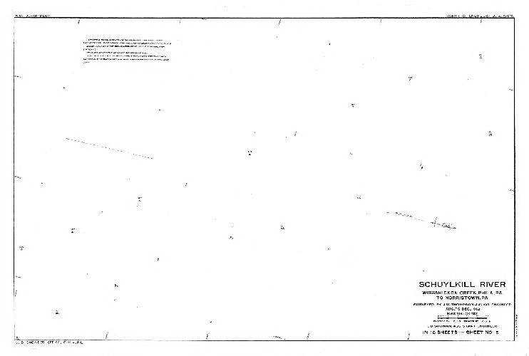Plan, Schuylkill River. Wissahickon Creek, Phila., Pa. to Norristown, Pa. Surveyed by J. W. Thompson, Junior Engineer, Aug. to Dec. 1913. L. D. Shuman, Assistant Engineer. In 18 sheets. [Includes Index map (Sheet 14), descriptions of triangulation stations (Sheets 15, 16 and 17) and Freshet Data (Sheet 18) listing all the major floods affecting this section of the river to 1913.]