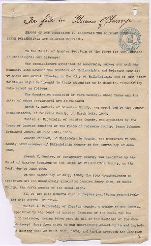 p. 2, ZZ. Report of Commission to ascertain boundary lines between Philadelphia and Delaware Counties. Filed Jan. 20, 1905