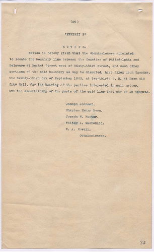 p. 27, ZZ. Report of Commission to ascertain boundary lines between Philadelphia and Delaware Counties. Filed Jan. 20, 1905