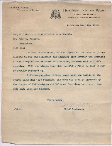p. 28, ZZ. Report of Commission to ascertain boundary lines between Philadelphia and Delaware Counties. Filed Jan. 20, 1905