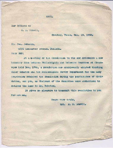 p. 29, ZZ. Report of Commission to ascertain boundary lines between Philadelphia and Delaware Counties. Filed Jan. 20, 1905