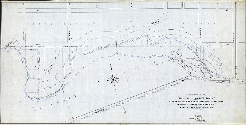 Plan (alternate image), Plan of boundary line between Philadelphia and Delaware Counties from Sixty-third and Market Streets northwest to Arch Street and Merion Road as surveyed and marked by the Commission appointed by the Court of Philadelphia County June 10th 1902 and the Court of Delaware County June 16th 1902. 