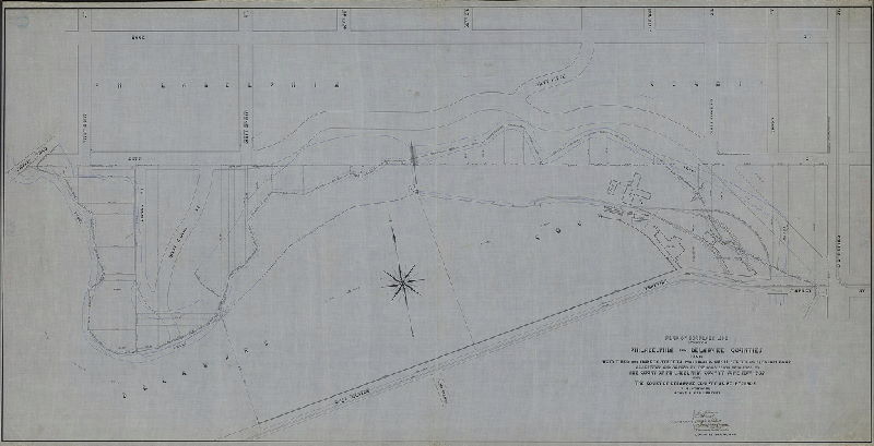 Plan, Plan of boundary line between Philadelphia and Delaware Counties from Sixty-third and Market Streets northwest to Arch Street and Merion Road as surveyed and marked by the Commission appointed by the Court of Philadelphia County June 10th 1902 and the Court of Delaware County June 16th 1902. 