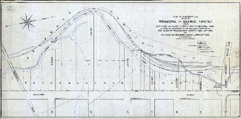 Plan (alternate image), Plan of boundary line between Philadelphia and Delaware Counties from Sixty-third and Market Streets south to Marshall Road as surveyed and marked by the Commission appointed by the Court of Philadelphia County June 10th 1902 and the Court of Delaware County June 16th 1902. 